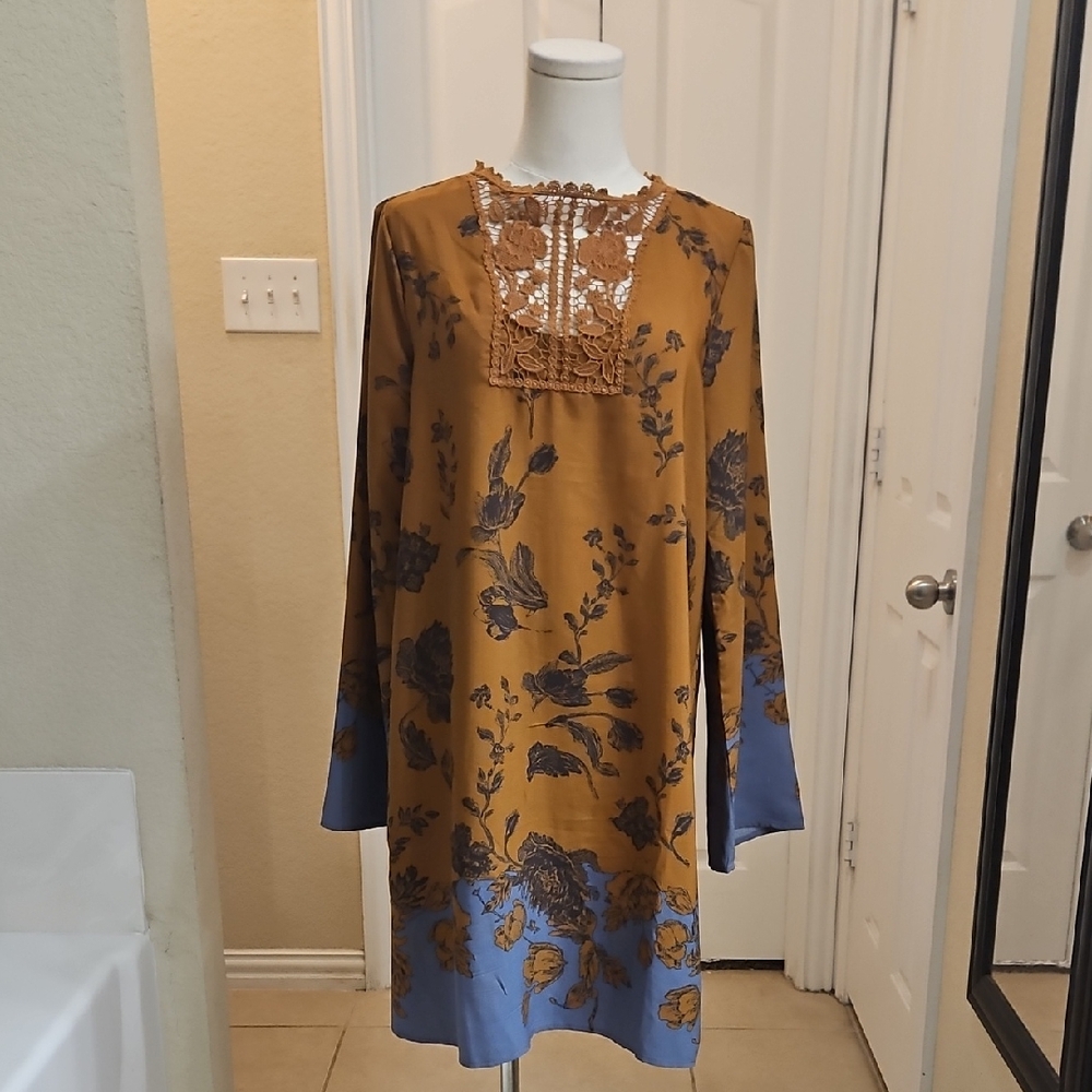 Altar'd State Golden and Blue Floral Long Sleeve Boho Dress with Crotchet Detail - Picture 2 of 8